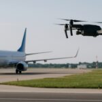 Drone voando acima de pista de aeroporto próximo a avião durante operação.
