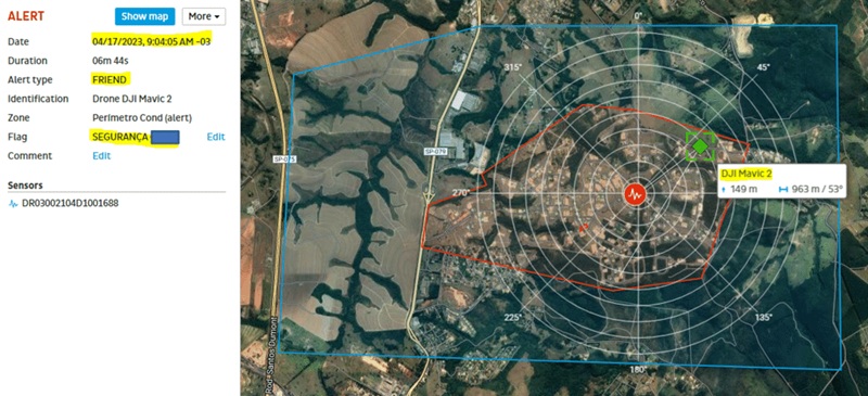 Tela de sistema antidrone da Aeroscan exibindo monitoramento e detecção de drones